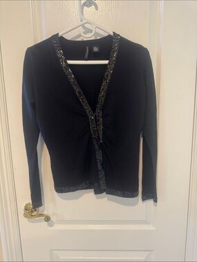 cha cha vente Black Sequin-Trim V-Neck Cardigan